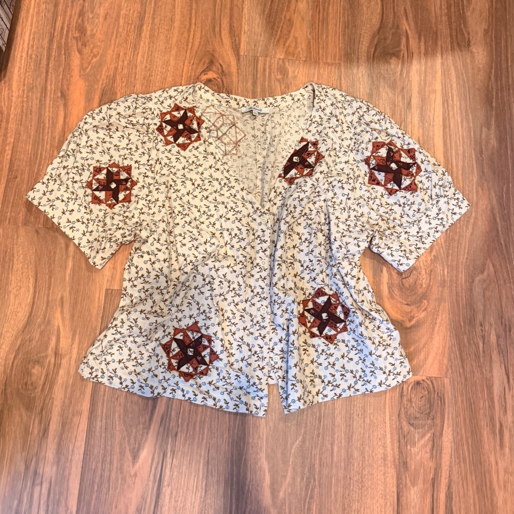 Madewell Cream and Brown Embroidered Blouse